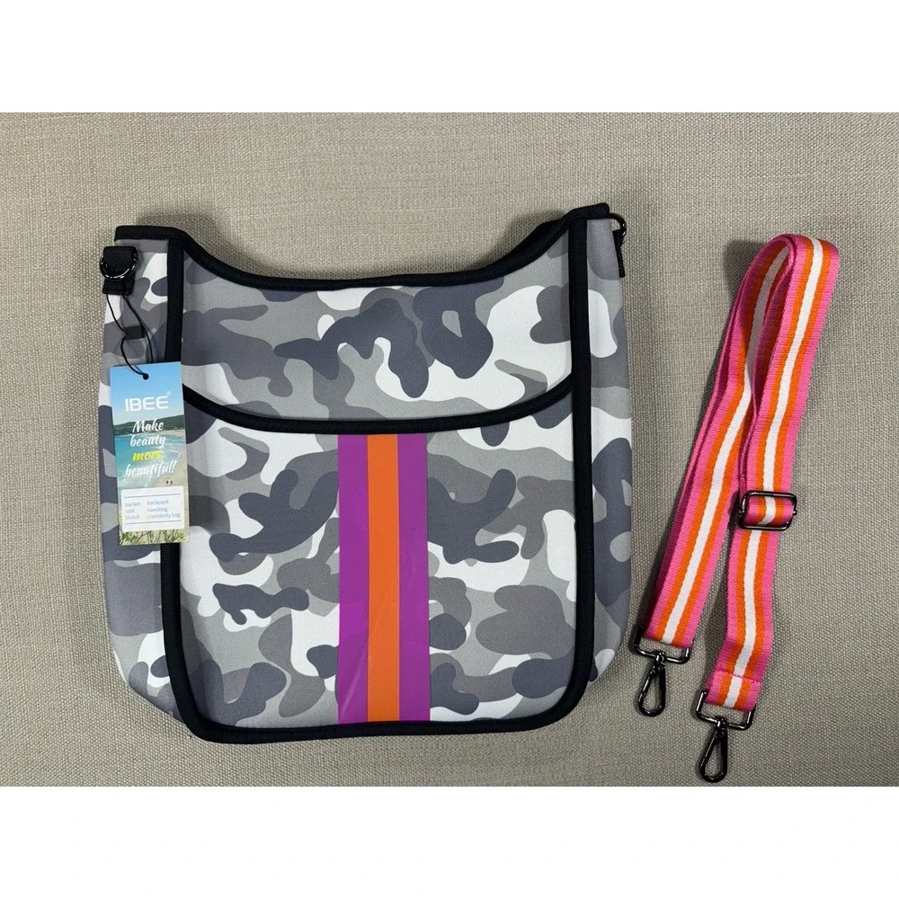 Neoprene Camo Crossbody Stripe Webbing Stripe Pink Orange Gray - NEW With Tag